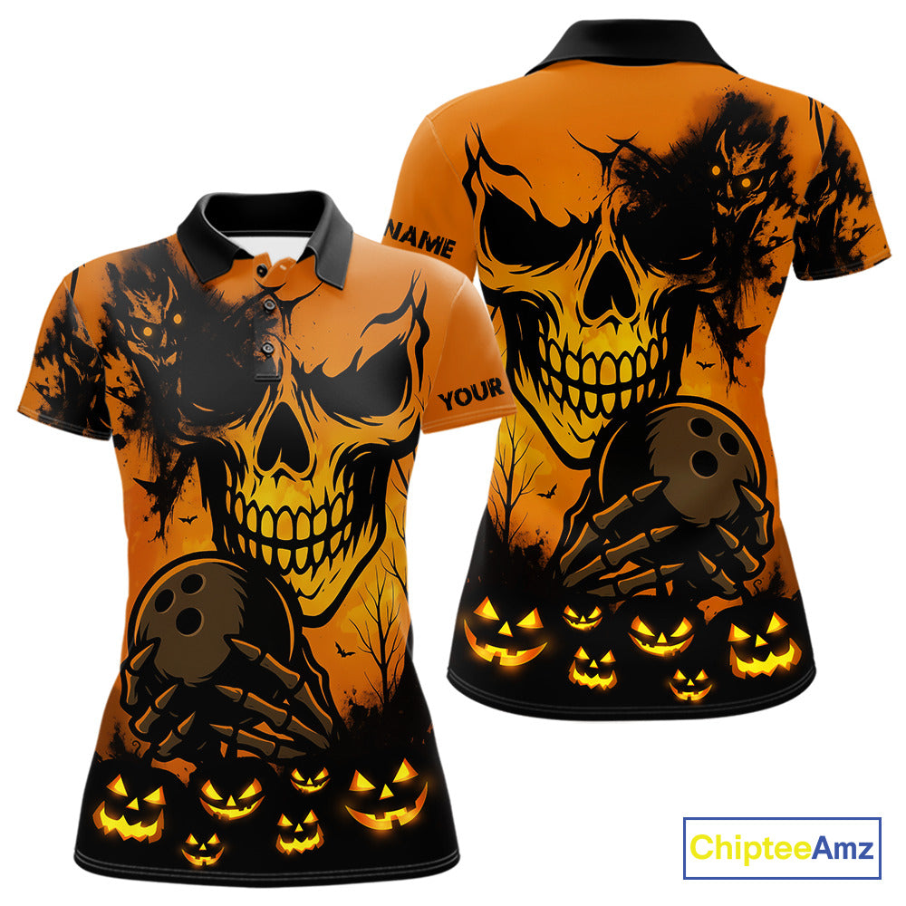 Custom Skull Bowling Jerseys For Women Bowling Team Polo, Quarter Zip Shirts Halloween Outfits NQS10618