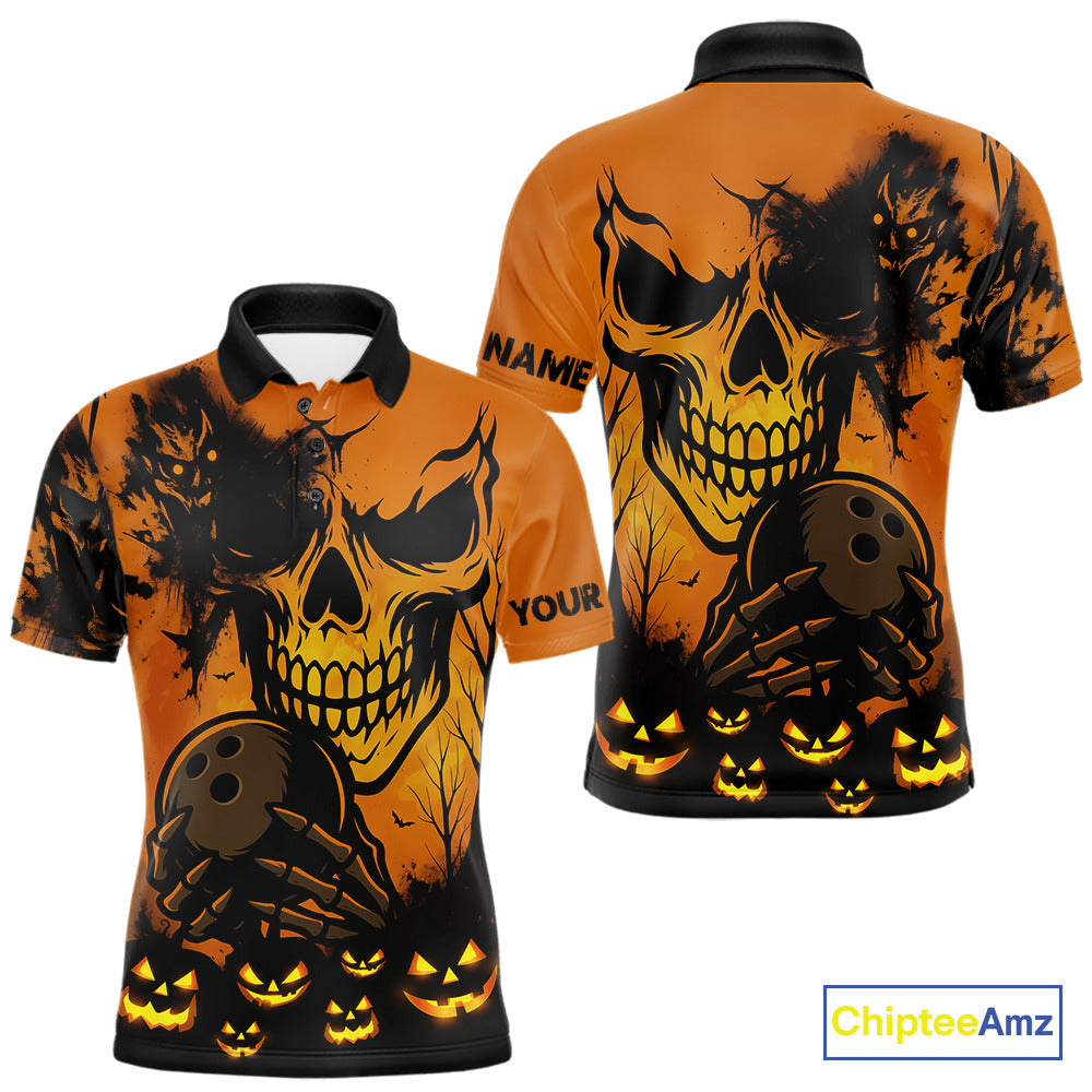 Custom Skull Bowling Jerseys For Men Bowling Team Polo, Quarter Zip Shirts Halloween Outfits NQS10618