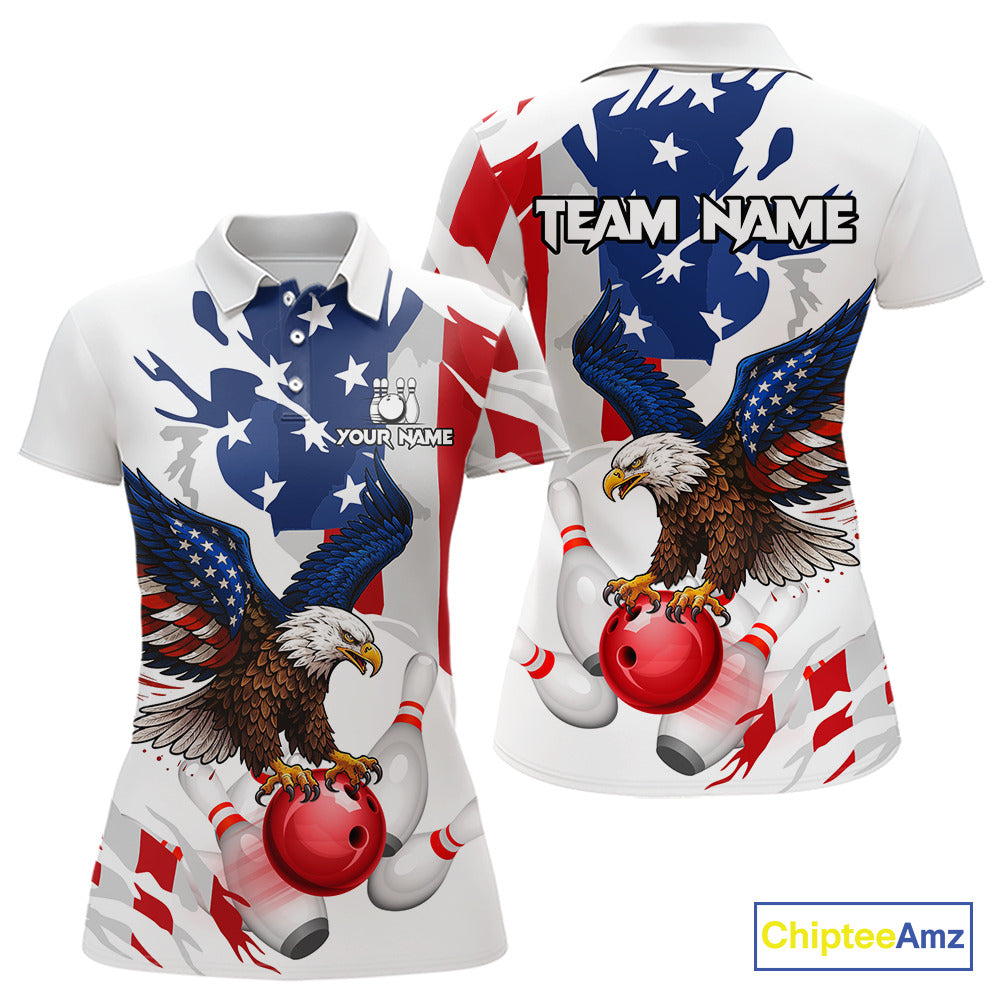Red, White and Blue American Flag Eagle Bowling Shirts For Women Custom Patriotic Bowling Team Jersey NQS10639