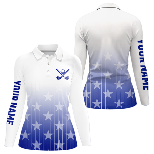 Personalized blue stars pattern white golf polos shirts for women custom gifts for the golfer NQS9965