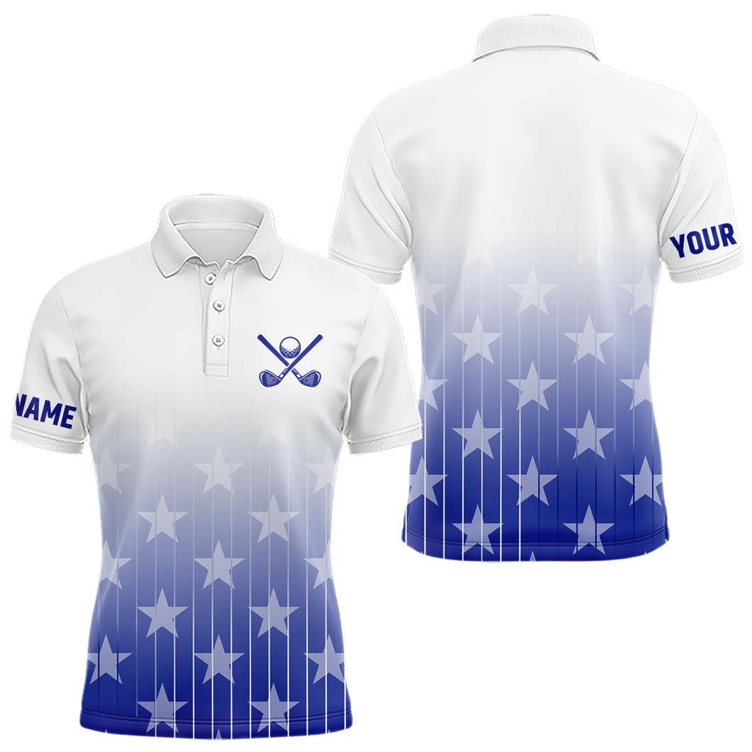 Personalized blue stars pattern white golf polos shirts for men custom gifts for the golfer NQS9965