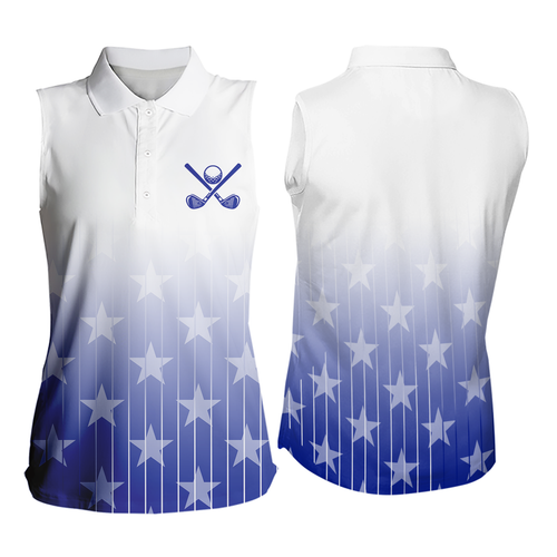 Blue stars pattern white ladies sleeveless golf polos shirts, gifts for the golfer NQS9965