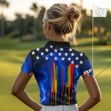 Load image into Gallery viewer, Blue lightning thunder rainbow American Flag Women golf polos Custom patriotic ladies golf outfit NQS10154