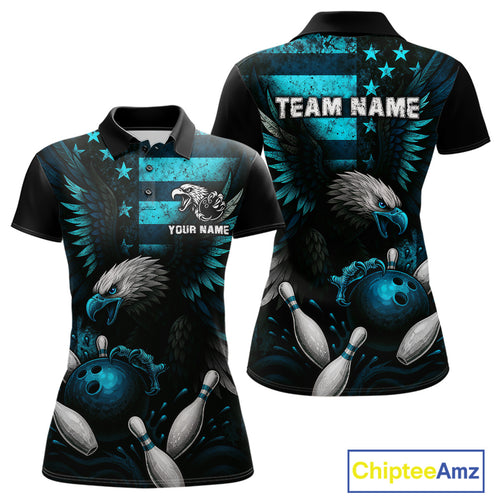 Custom Turquoise Vintage Us Flag Patriotic Eagle Bowling Shirt For Women, Retro Bowling Team Jerseys NQS10477
