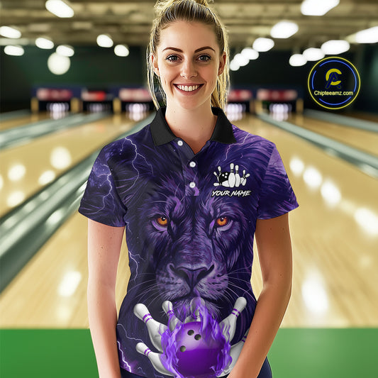 Purple Lightning thunder Flame Lion Bowling Polo, 1/4 Zip shirts for Women Custom bowling team jersey NQS10175