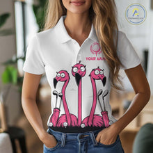 Load image into Gallery viewer, Funny pink flamingo friends white Women golf polo shirts Custom flamingo golf outfits for ladies NQS10201