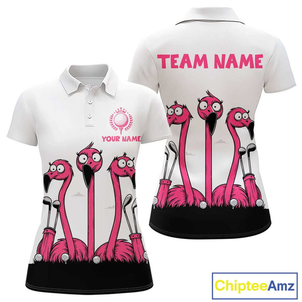 Funny pink flamingo friends white Women golf polo shirts Custom flamingo golf outfits for ladies NQS10201
