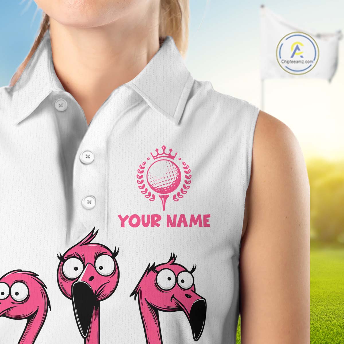 Funny pink flamingo friends white Women sleeveless polo shirt Custom flamingo ladies golf outfits NQS10201