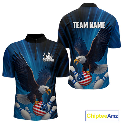 Blue Light Eagle American Flag Men's Bowling Polo, 1/4 Zip Shirt Custom Patriotic Team Bowling jersey NQS10350