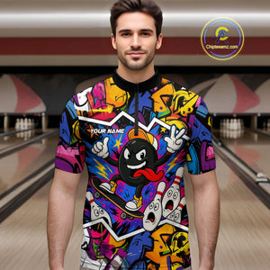 Colorful graffiti pattern Funny Bowling polo, quarter zip shirts for men custom Bowling team jerseys NQS10389