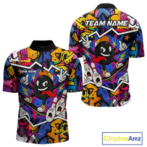 Colorful graffiti pattern Funny Bowling polo, quarter zip shirts for men custom Bowling team jerseys NQS10389