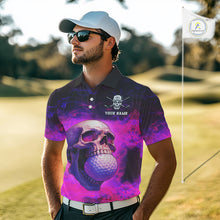 Load image into Gallery viewer, Custom Pink Flame Golf skull Halloween Mens golf polo shirt, Personalized Team Skull golf outfit NQS10400