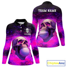 Load image into Gallery viewer, Custom Pink Flame Golf skull Halloween Women golf polo shirt, Personalized Team Skull golf outfit NQS10400
