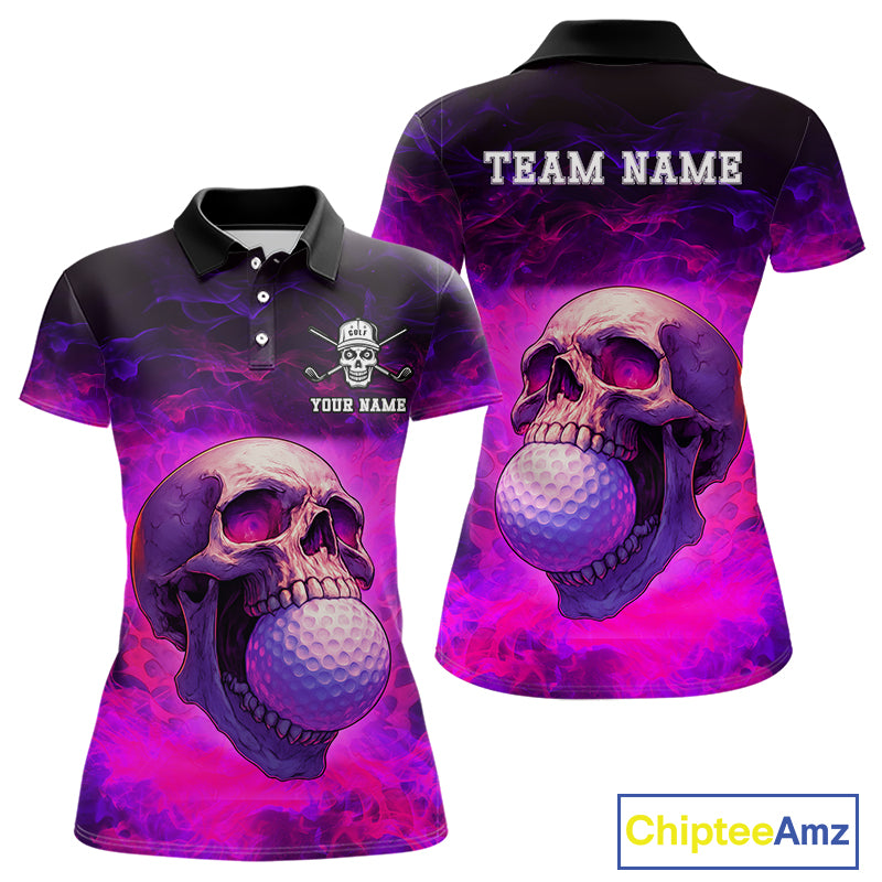 Custom Pink Flame Golf skull Halloween Women golf polo shirt, Personalized Team Skull golf outfit NQS10400