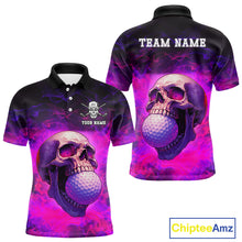 Load image into Gallery viewer, Custom Pink Flame Golf skull Halloween Mens golf polo shirt, Personalized Team Skull golf outfit NQS10400