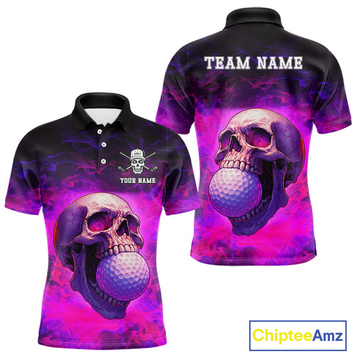 Custom Pink Flame Golf skull Halloween Mens golf polo shirt, Personalized Team Skull golf outfit NQS10400