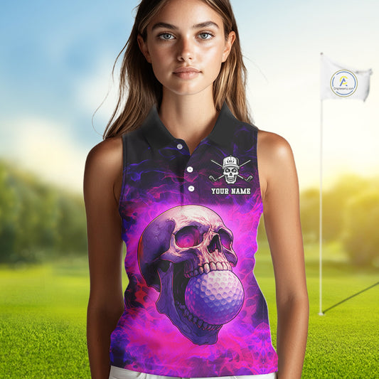 Custom Pink Flame Golf skull Halloween Sleeveless polo shirt, Personalized Team Skull golf outfit NQS10400