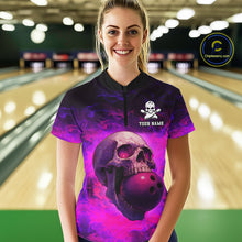 Load image into Gallery viewer, Custom Pink Flame Skull Halloween Bowling Shirts For Women, Personalized Team Bowling Jersey outfit NQS10401