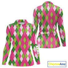 Load image into Gallery viewer, Pink and Green argyle pattern Women golf polo shirt custom golf jerseys, personalized golf apparel NQS10408