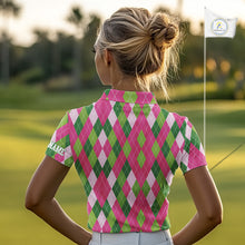 Load image into Gallery viewer, Pink and Green argyle pattern Women golf polo shirt custom golf jerseys, personalized golf apparel NQS10408