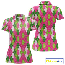 Load image into Gallery viewer, Pink and Green argyle pattern Women golf polo shirt custom golf jerseys, personalized golf apparel NQS10408