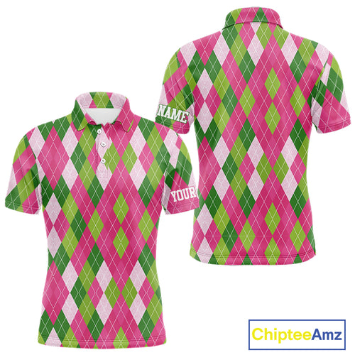 Pink and Green argyle pattern Mens golf polo shirt custom golf jerseys, personalized golf apparel NQS10408