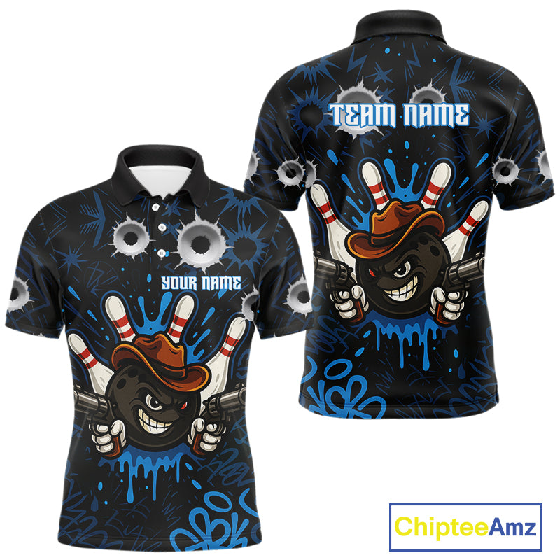 Funny Black and Blue Bowling Cowboy gun Men bowling polo, 1/4 zip shirts Custom bowling team jersey NQS10617