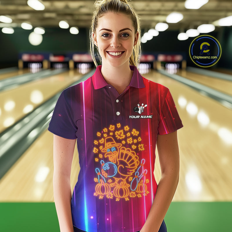 Colorful Neon Autumn Turkey Bowling Shirts for Women Custom Thanksgiving Bowling Team Jerseys NQS10417