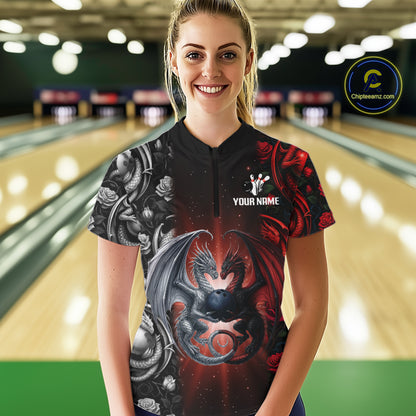 Red Dragon Roses Pattern Custom Bowling Polo, 1/4 Zip shirts For Women, Dragon Bowling League Shirt NQS10626