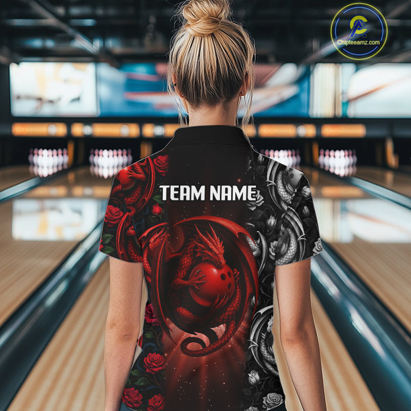 Red Dragon Roses Pattern Custom Bowling Polo, 1/4 Zip shirts For Women, Dragon Bowling League Shirt NQS10626