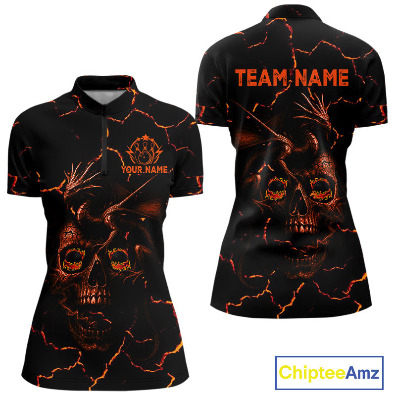 Black And Orange Skull Dragon Bowling Polo, 1/4 Zip Shirt For Women Custom Bowling Team League Jersey NQS10629