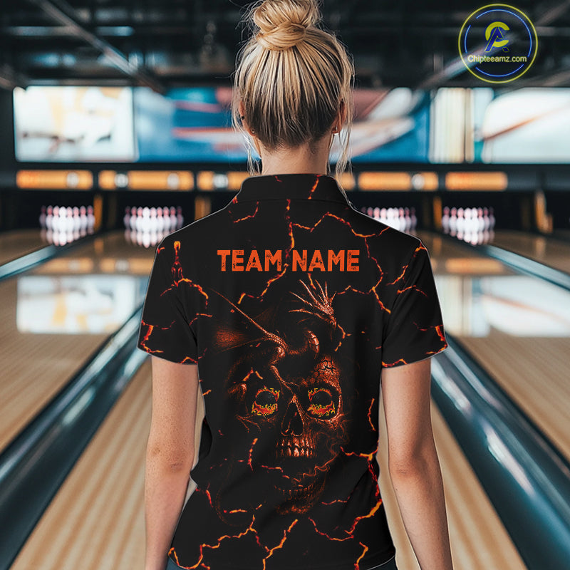Black And Orange Skull Dragon Bowling Polo, 1/4 Zip Shirt For Women Custom Bowling Team League Jersey NQS10629