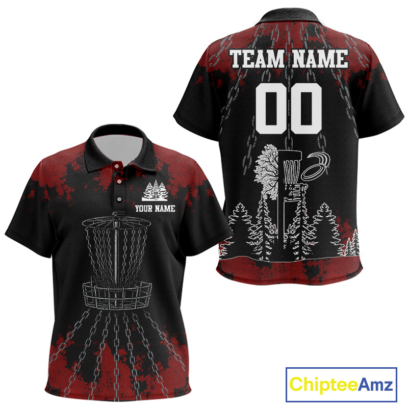Black and Red Disc golf basket chain Kid disc golf polo shirt custom disc golf outfit for team NQS10438
