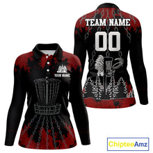 Load image into Gallery viewer, Black and Red Disc golf basket chain Women disc golf polo shirt custom disc golf outfit for team NQS10438