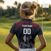 Load image into Gallery viewer, Black and Red Disc golf basket chain Women disc golf polo shirt custom disc golf outfit for team NQS10438