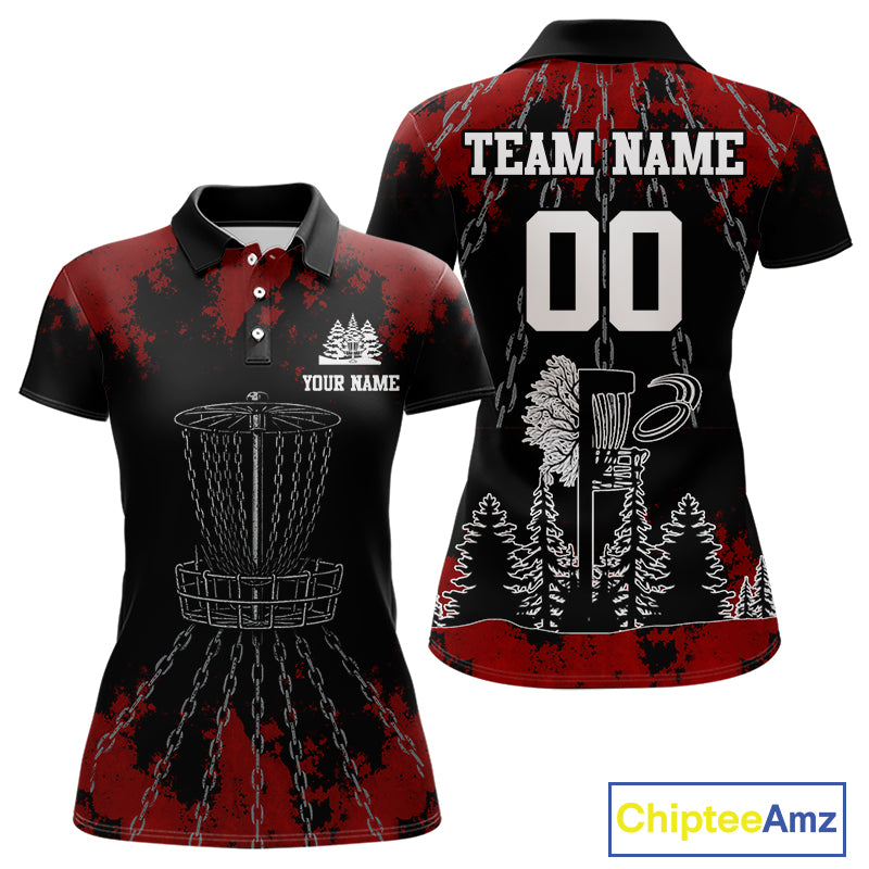 Black and Red Disc golf basket chain Women disc golf polo shirt custom disc golf outfit for team NQS10438