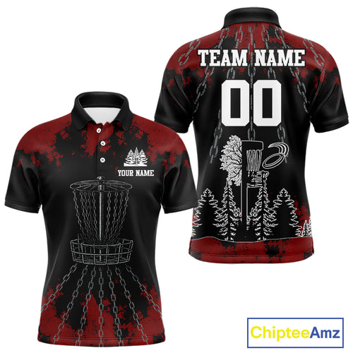 Black and Red Disc golf basket chain Men disc golf polo shirt custom number disc golf outfit for team NQS10438