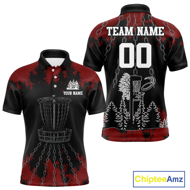 Black and Red Disc golf basket chain Men disc golf polo shirt custom number disc golf outfit for team NQS10438