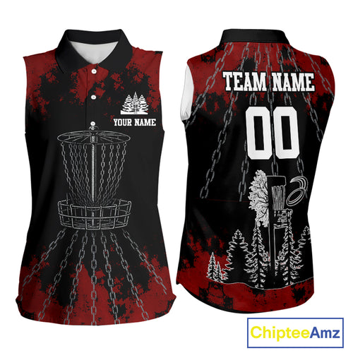 Black and Red Disc golf basket chain Women sleeveless polo shirt custom disc golf outfit for team NQS10438