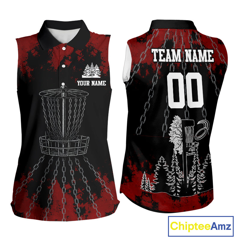 Black and Red Disc golf basket chain Women sleeveless polo shirt custom disc golf outfit for team NQS10438