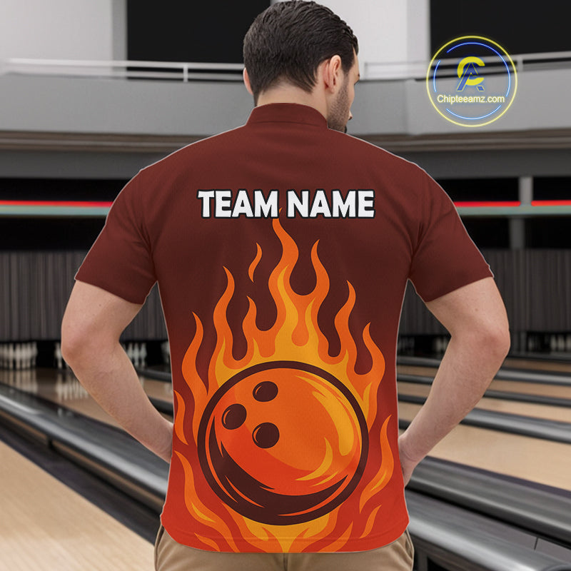 Orange Flame Bowling Polo, Quarter Zip Shirts for Men Custom Bowling Team League Jersey NQS10445