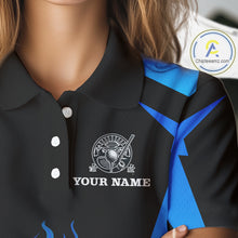 Load image into Gallery viewer, Black and Blue Flame Golf Ball Women golf polo shirts custom golf attire for ladies, best golf gifts NQS10448