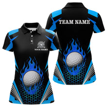 Load image into Gallery viewer, Black and Blue Flame Golf Ball Women golf polo shirts custom golf attire for ladies, best golf gifts NQS10448