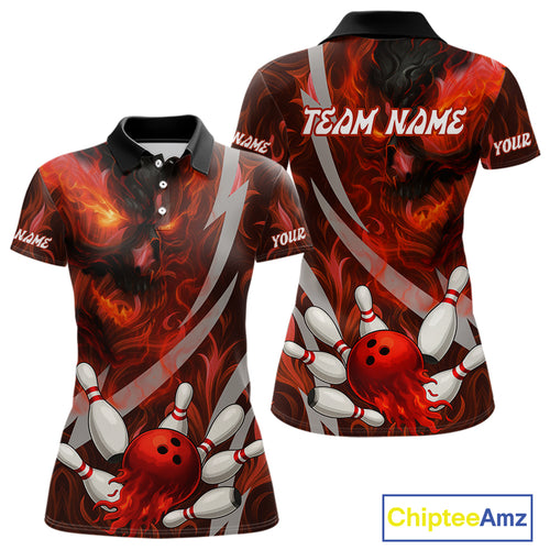 Red Flame Skull Bowling Polo, Quarter Zip shirts For Women Custom Halloween Team Bowling Outfit NQS10636