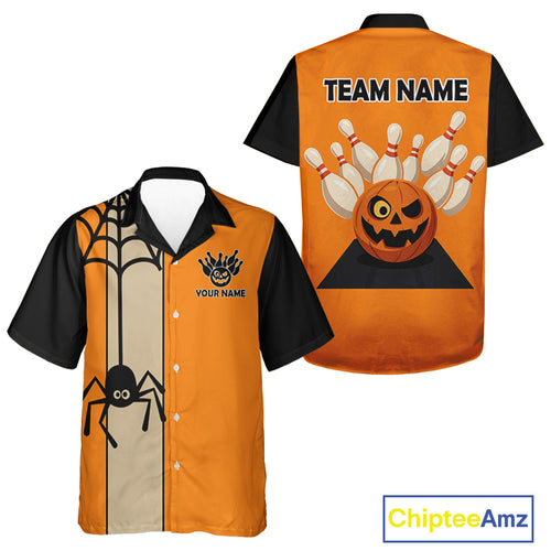 Personalized Orange and Black Retro Halloween Bowling hawaiian shirts Custom Team button up shirts NQS10464