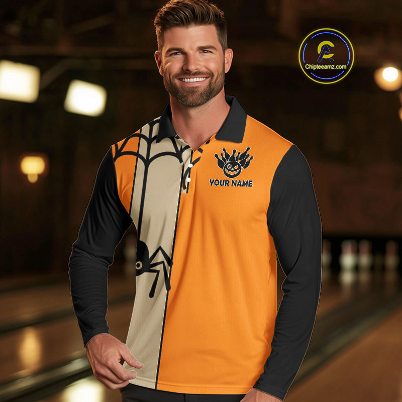 Orange and Black Halloween Retro Bowling Polo, 1/4 Zip Shirts For Men Custom Bowling Team Shirt NQS10464