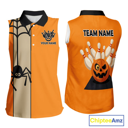 Orange and Black Halloween Retro Bowling Sleeveless Polo Shirts For Women Custom Bowling Team Shirt NQS10464