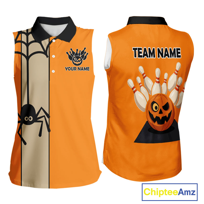 Orange and Black Halloween Retro Bowling Sleeveless Polo Shirts For Women Custom Bowling Team Shirt NQS10464