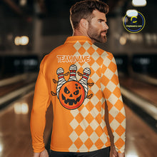 Load image into Gallery viewer, Orange Argyle Pattern Custom Halloween Mens Bowling Shirts, Personalized Bowling Team Shirt NQS10466