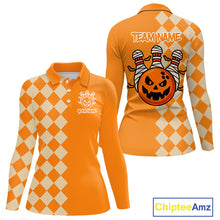 Load image into Gallery viewer, Orange Argyle Pattern Custom Halloween Ladies Bowling Shirts, Personalized Bowling Team Shirt NQS10466